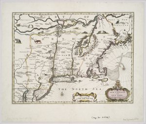 Uuden Englannin ja New Yorkin kartta John Speedin teoksesta Theatre of the Empire of Great Britain, 1676 (värituloste).